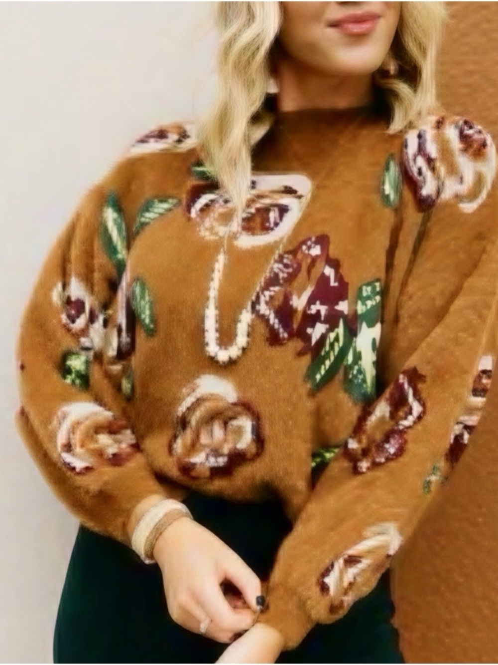 Floral Cowl Neck Sweater in Camel with Green Accents